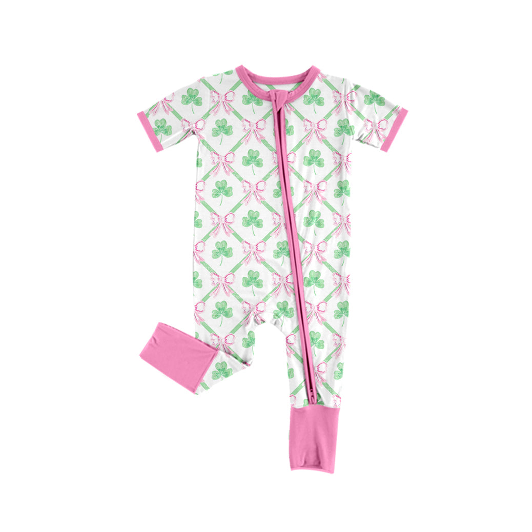 Baby Infant Girls St Patrick Day Quatrefoil Zip Rompers preorder(moq 5)