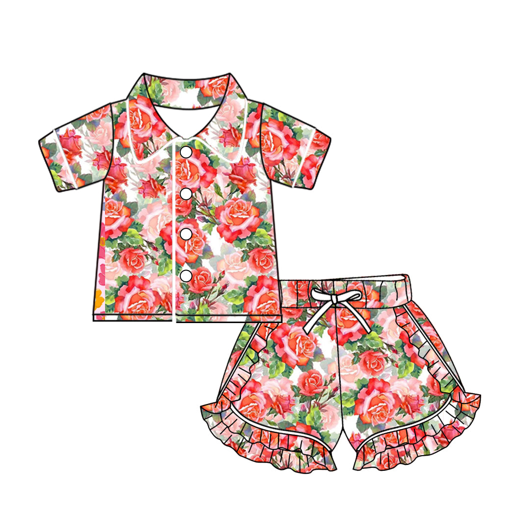 Baby Girls Red Big Flowers Buttons Top Ruffle Shorts Pajamas Sets preorder(MOQ 5)