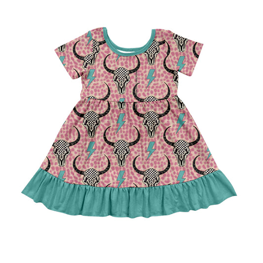 Preorder (moq 5)Baby Girls Pink Leopard Cow Skull Ruffle Knee Length Dresses