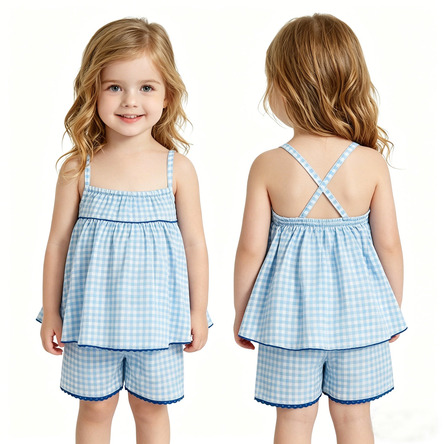 Baby Girls Strap Blue Checked Tunic Short Clothes Sets