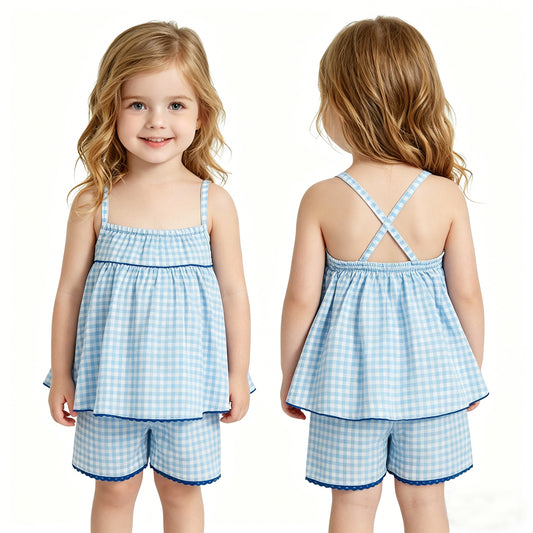 Baby Girls Strap Blue Checked Tunic Short Clothes Sets