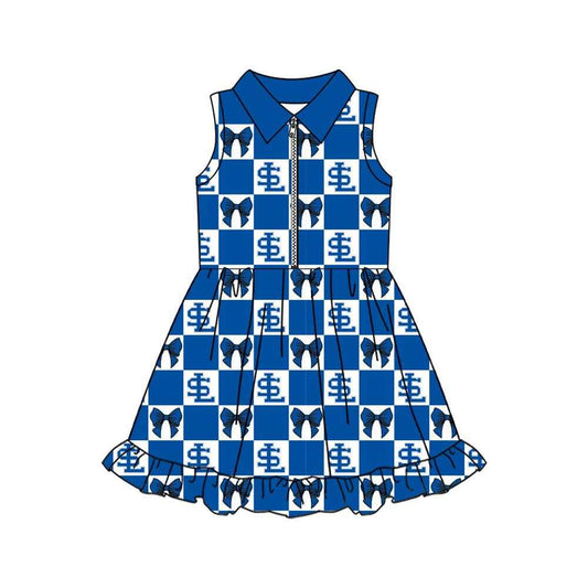 Preorder (moq 5)Baby Girls Blue Bows SL Checked Zip Team Ruffle Knee Length Dresses