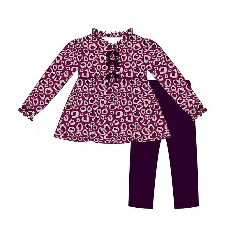 Preorder(moq 5) Baby Girls Wine Leopard Butterfly Tunic Top Legging Boutique Outfits Sets