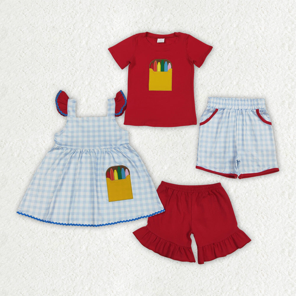 Sibling Baby Boys Girls Embroidery Apple Pencils Pockets Short Back to School Sets
