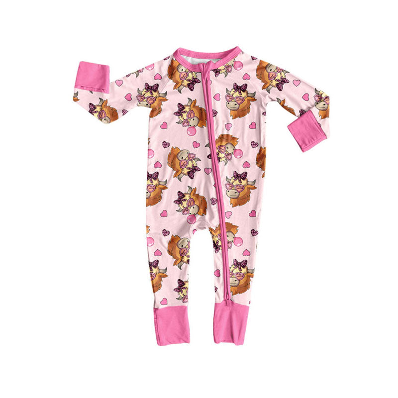 Preorder (moq 8)Baby Girls Pink Hearts Highland Cows Valentine Zipper Footie Rompers