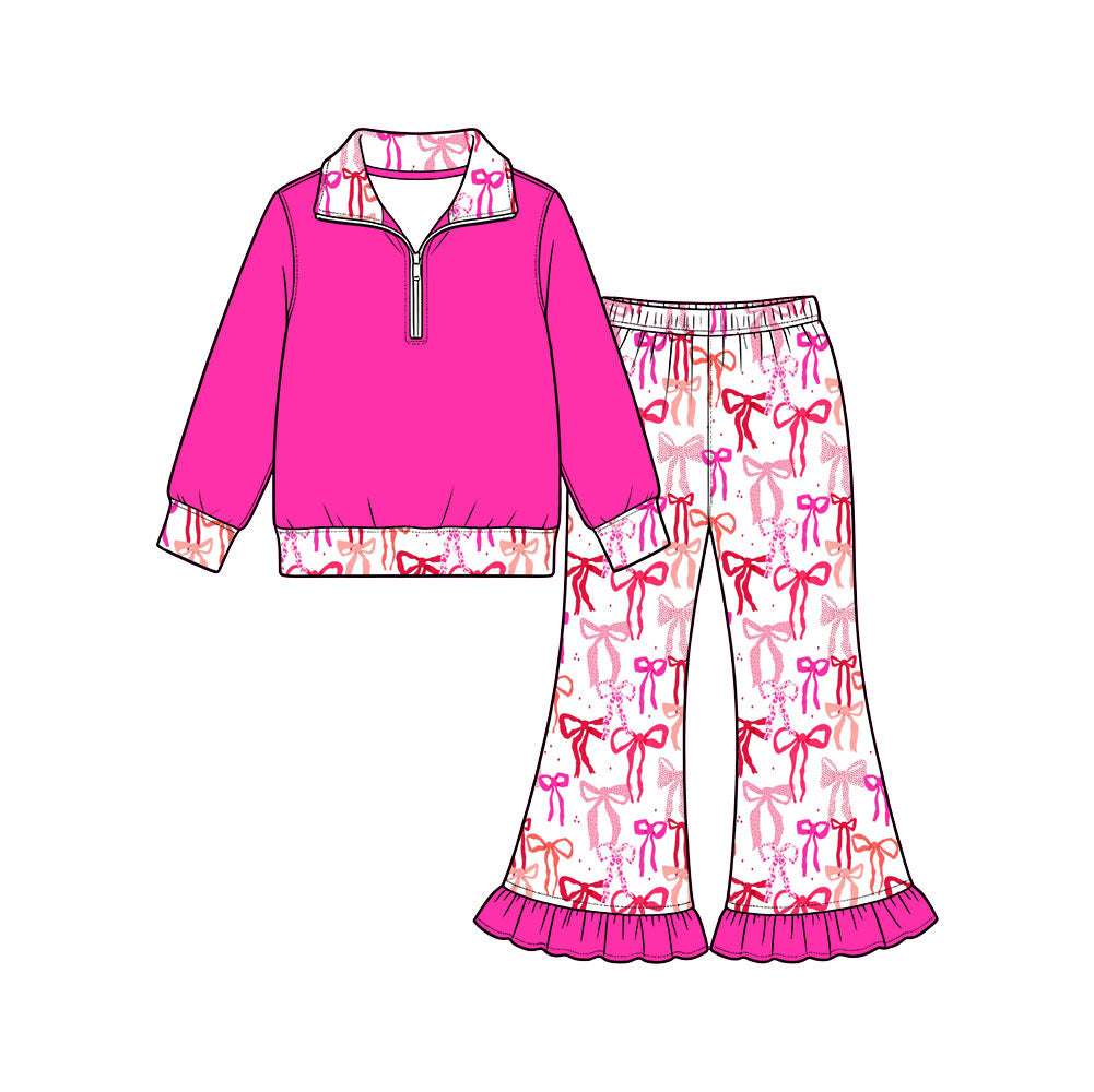Preorder (moq 5) Baby Girl Clothes Hot Pink Mixed Bow Print Long Sleeve Quarter Zip Top Ruffle Flare Pant Set