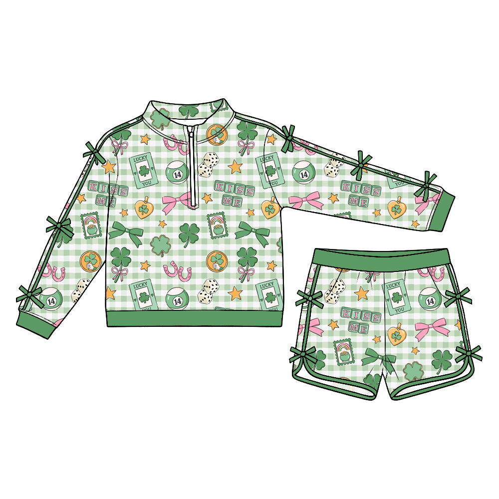 Preorder (moq5) Baby Girls Green Checked Clovers Bows Zip Pullover Pockets Short St Patrick Set
