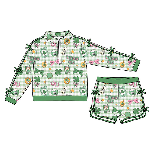 Preorder (moq5) Baby Girls Green Checked Clovers Bows Zip Pullover Pockets Short St Patrick Set