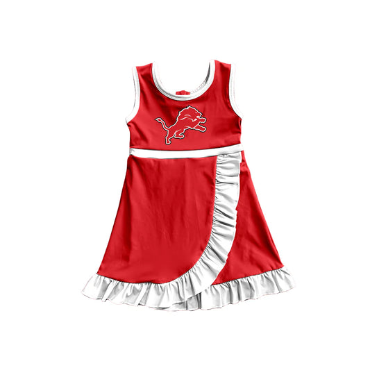 Preorder (moq 5)Baby Girls Red Sleeveless Detroit Lions Short Team Ruffle Knee Length Dresses