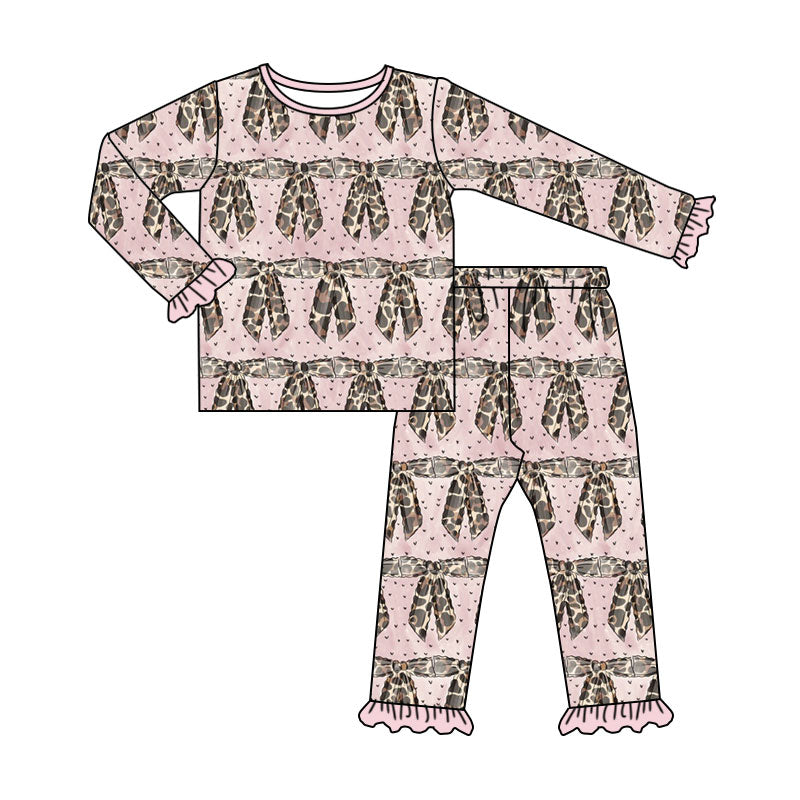 Preorder (moq 5) Baby Girl Clothes Leopard Bow Print Ruffle Long Sleeve Top Ruffle Pants Outfit Set
