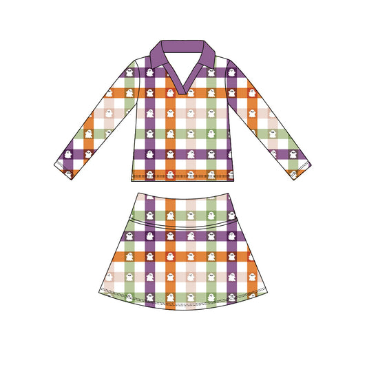 Preorder (moq 5)Baby Girls Colorful Checked Ghosts Top Skirt Shorts Halloween Clothes Sets