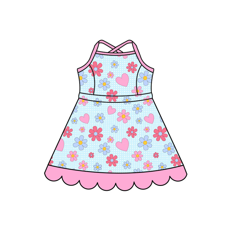 Preorder (moq 5)Baby Girls Strap Colorful Flower Hearts Scallop Knee Length Dresses