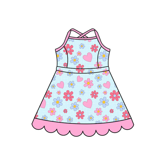 Preorder (moq 5)Baby Girls Strap Colorful Flower Hearts Scallop Knee Length Dresses