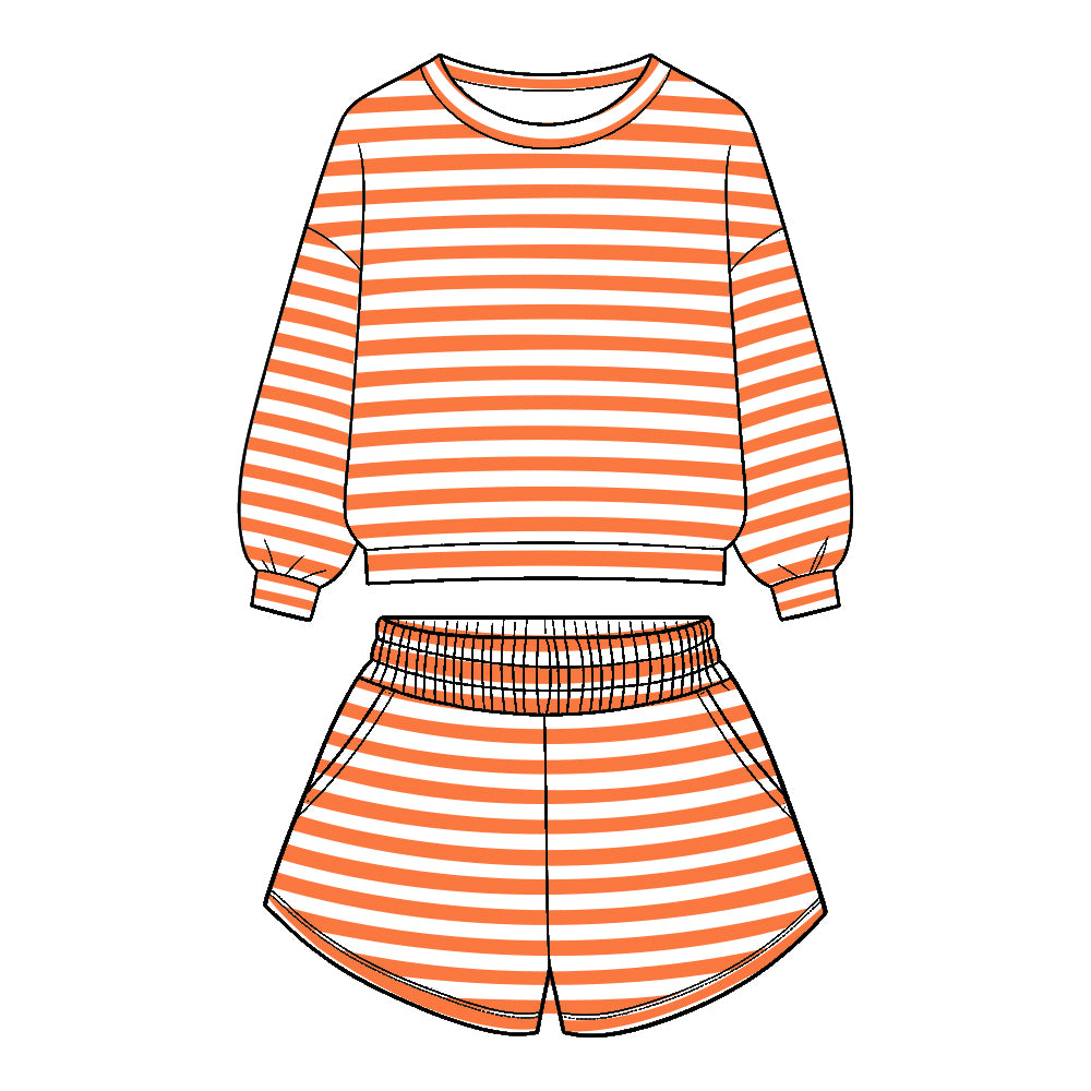 Preorder (moq 5)Baby Girls Long Sleeve Orange Stripe Top Pockets Short Clothes Set