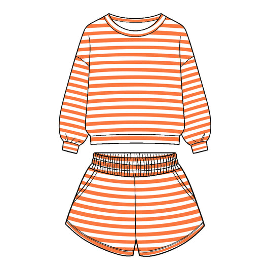 Preorder (moq 5)Baby Girls Long Sleeve Orange Stripe Top Pockets Short Clothes Set