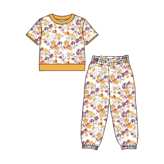 Preorder (moq 5)Baby Girls Short Sleeve Colorful Flowers Top Jogger Pant Clothes Sets