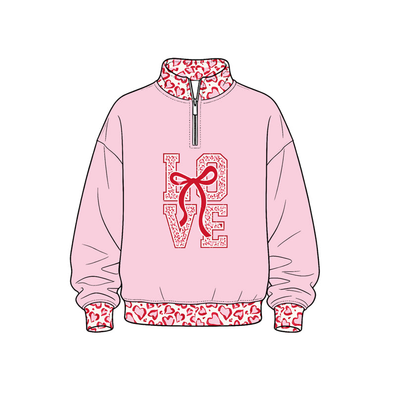 Preorder (moq 5) Kids’ Valentine’s Day Light Pink LOVE Print Long-Sleeve Half-Zip Bow Sweatshirt