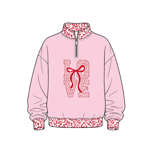 Preorder (moq 5) Kids’ Valentine’s Day Light Pink LOVE Print Long-Sleeve Half-Zip Bow Sweatshirt