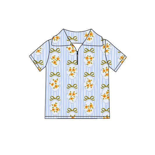 Preorder (moq 5)Baby Girls Blue Stripe Flowers Zip Pullovers Top