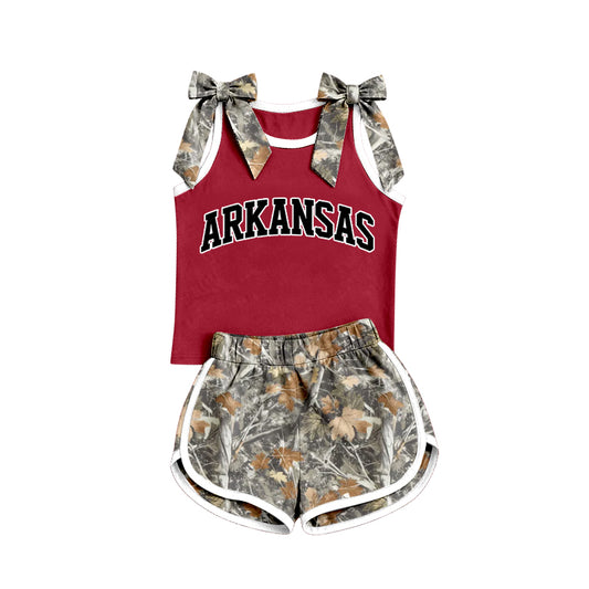 Preorder (moq 5) Baby Girls Camo Bows Sleeveless Arkansas Vest Short Team Clothes Set