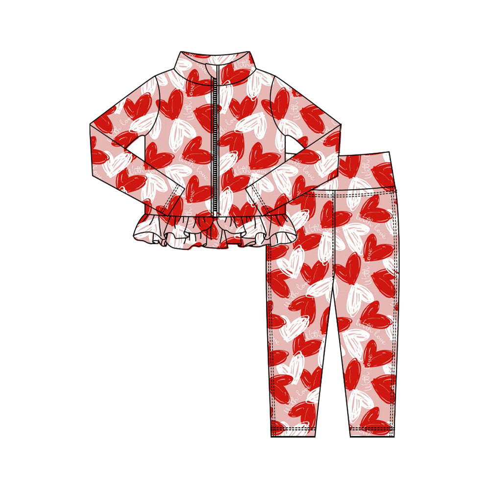 Preorder (moq 5) Baby Girl Clothes Valentines Sketch Heart Print Zip Up Ruffle Top Legging Set