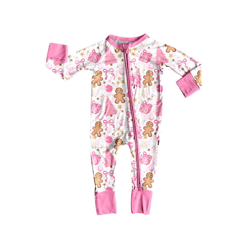 Preorder(moq 5)Baby Girls Christmas Trees Pink Gifts Gingerbread Ruffle Zipper Footie Rompers