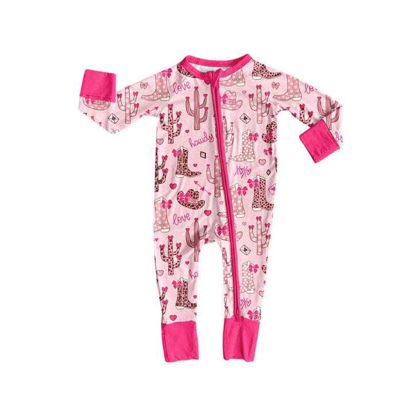 Preorder (moq 8)Baby Girls Long Sleeve Hearts Boots Cactus Zipper Footie Rompers