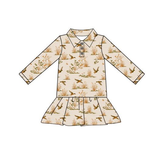 Preorder (moq 5)Baby Girls Long Sleeve Ducks Button Hunting Knee Length Dresses