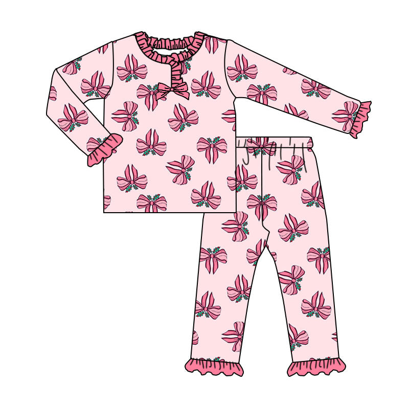 Preorder (moq 20)Baby Girls Bamboo Pink Holly Bows Christmas Ruffle Pajamas Sets