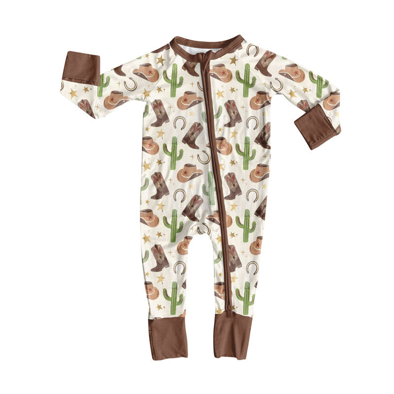 Preorder (moq 8)Baby Boys Hats Boots Cactus Western Zipper Footie Rompers