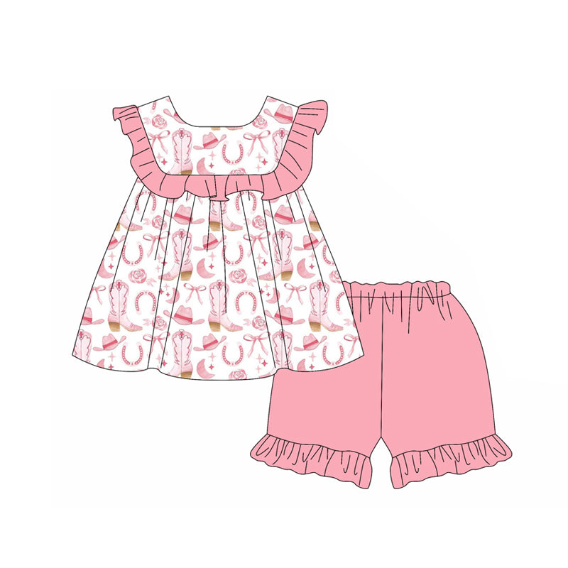 Preorder (moq 5)Baby Girls Pink Sleeveless Boots Bows Tunic Ruffle Shorts Clothes Sets