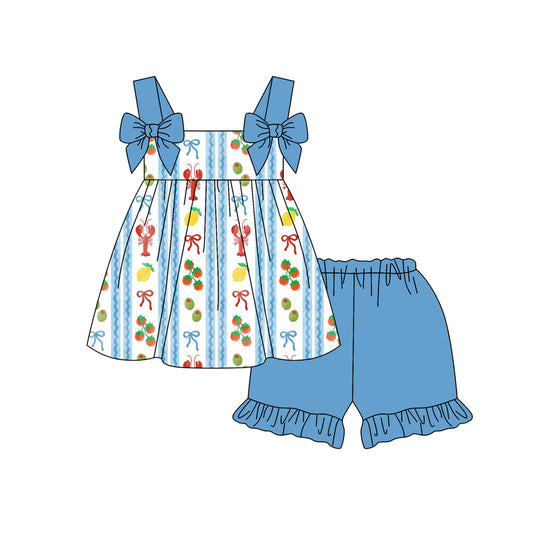 Preorder (moq 5)Baby Girls Strap Crayfishes Fruits Stripe Tunic Ruffle Shorts Clothes Sets