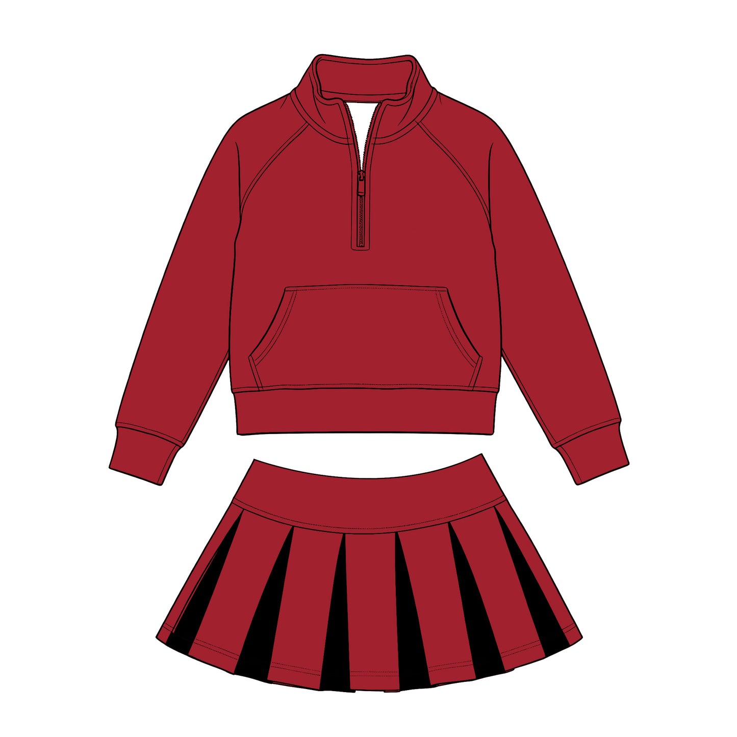 Preorder (moq 5) Baby Girls Maroon Zip Pockets Pullovers Black Pleated Skirt Short Clothes Sets