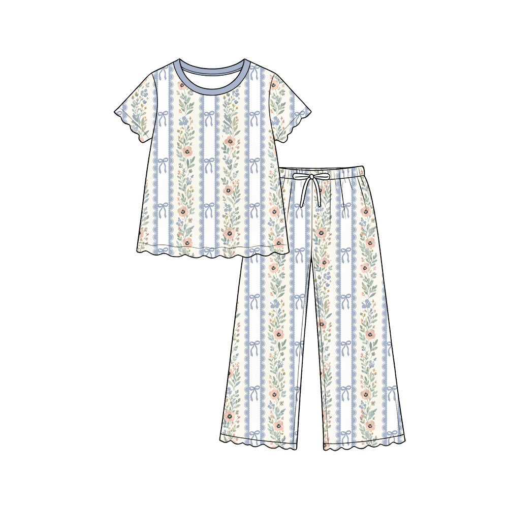 Preorder (moq 5) Baby Girl Clothes Blue Bow Wildflower Stripe Mixed Print Short Sleeve Scallop Pajama Pant Set