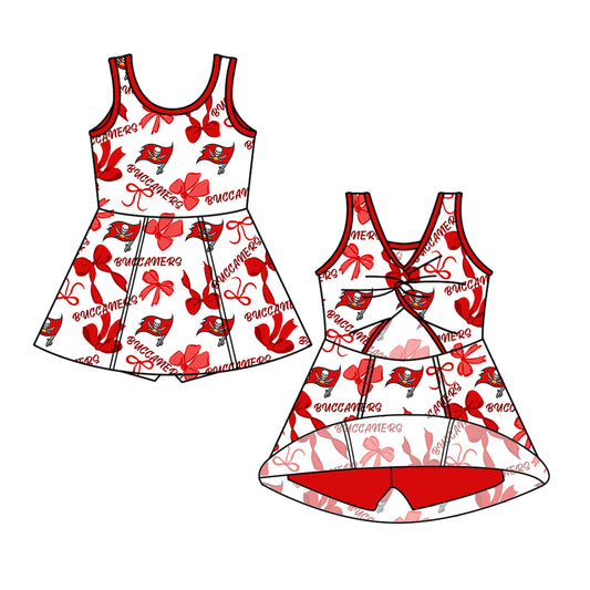 Preorder (moq 5)Baby Girls Red Sleeveless Bows Plaid Buccaners Shorts Team Knee Length Dresses