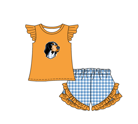 Preorder (moq 5)Baby Girls Tennessee Volunteers Top Checked Ruffle Short Team Clothes Set