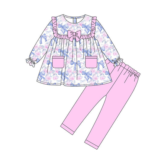 Preorder(moq 8)Baby Girls Flowers Bows Pockets Tunic Legging Pants Clothes Sets
