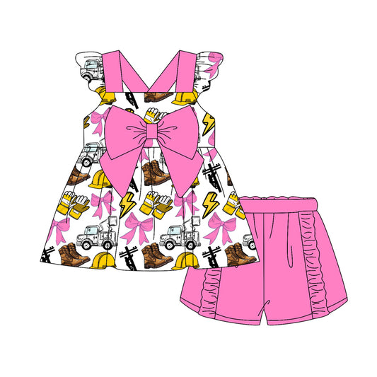 Preorder (moq 5)Baby Girls Hot Pink Flutter Sleeves Line Men Bows Tunic Ruffle Short Set