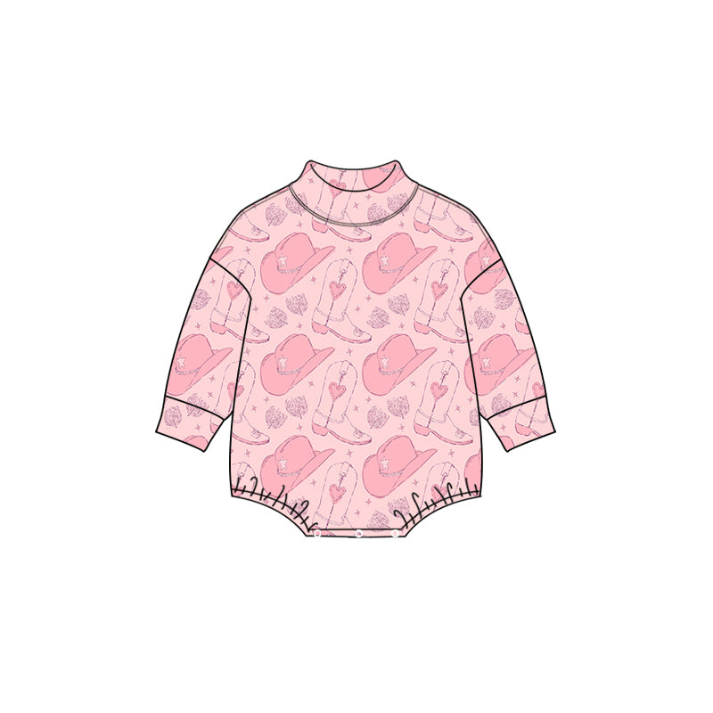 Preorder moq 5 Baby Girls’ Pink Boot & Hat All-Over Print Long-Sleeve Crew Neck Romper