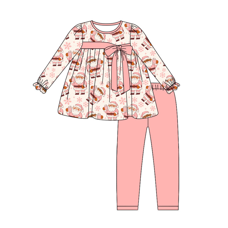 Preorder (moq 5)Baby Girls Long Ruffle Sleeves Pink Santa Snowflake Tunic Legging Pant Sets