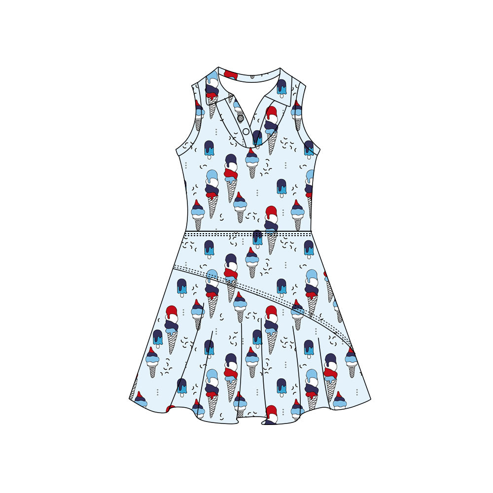 Preorder (moq 5)Baby Girls Red Blue Ice Creams 4th of July Button Pleated Knee Length Dresses