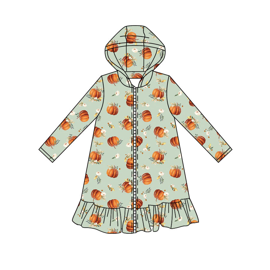 Preorder moq 5 Baby Girls Long Sleeve Flowers Pumpkins Fall Zip Ruffle Knee Length Dresses