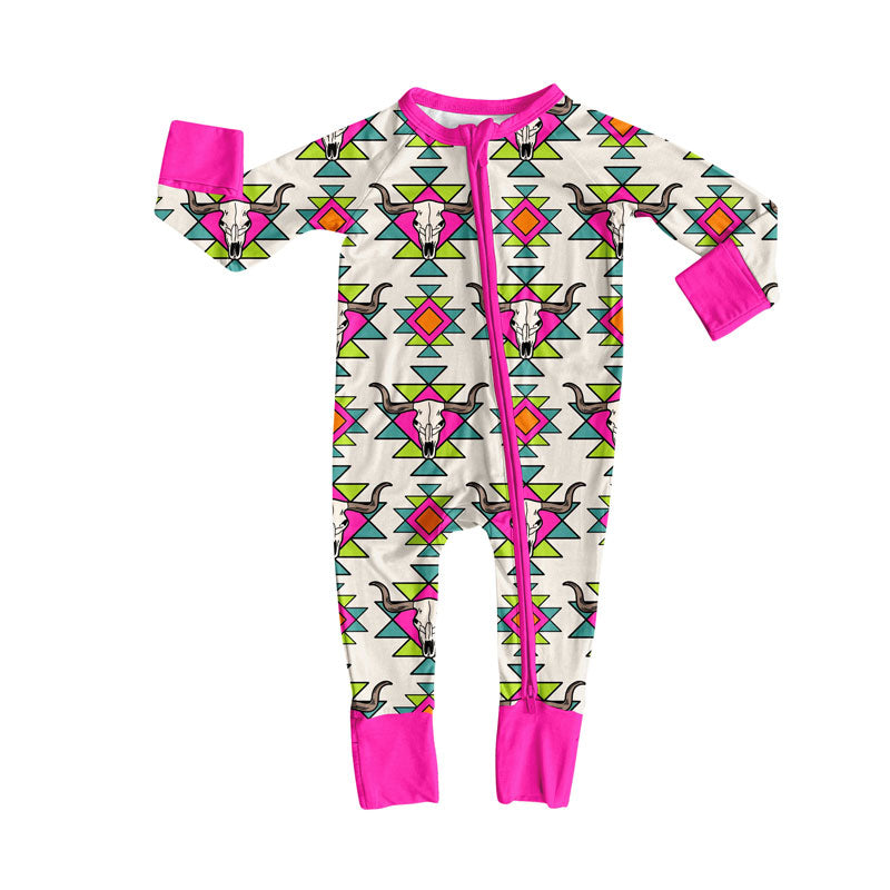 Preorder (moq 8)Baby Boys Long Sleeve Aztec Bull Skulls Western Zipper Footie Rompers