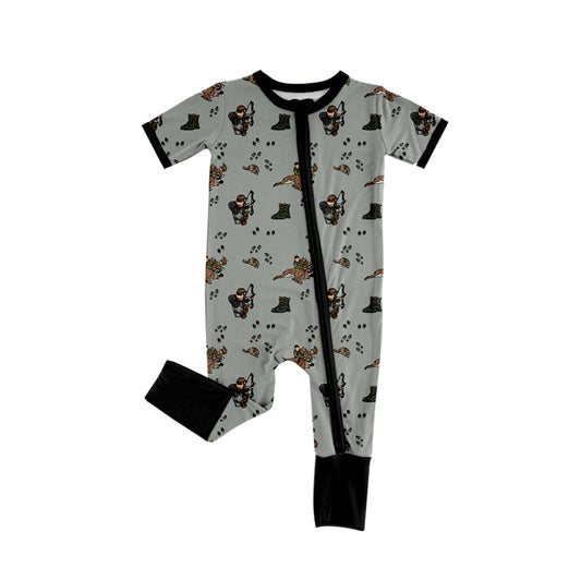 Preorder (moq 5)Baby Boys Gray Short Sleeves Boots Hunting Zipper Rompers