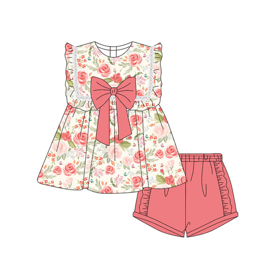 Preorder moq 5 Baby Girls Sleeveless Peach Floral Tunic Ruffle Short Set