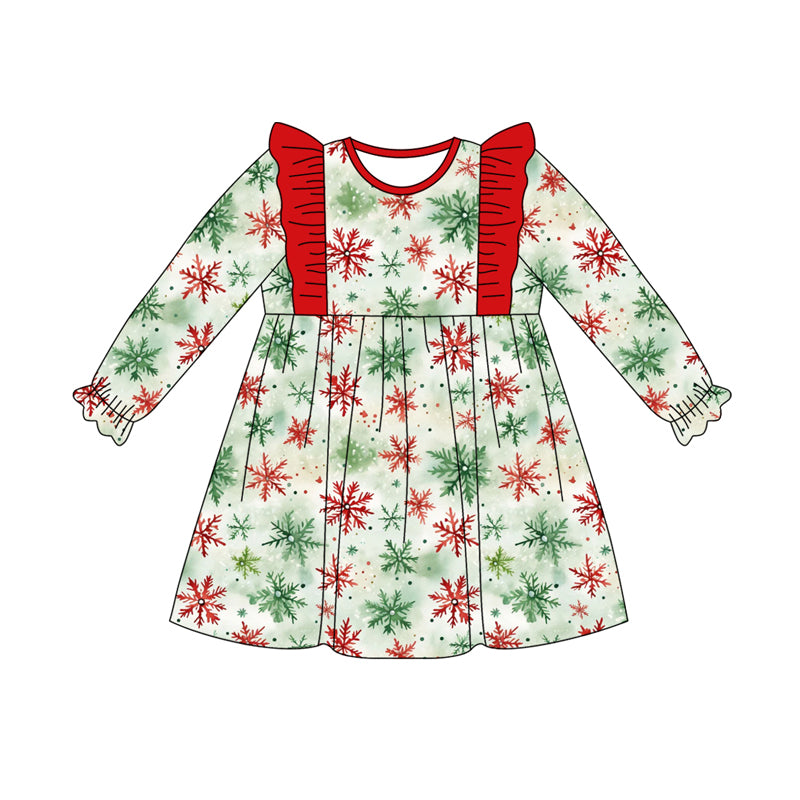 Preorder (moq 5)Baby Girls Long Ruffle Sleeves Green Red Snowflake Plaid Knee Length Dress