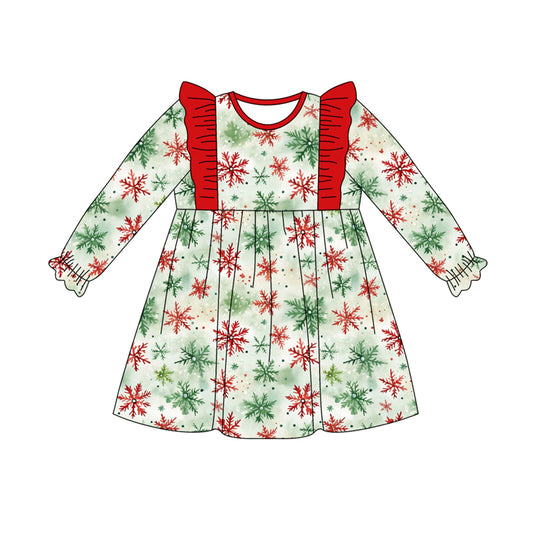 Preorder (moq 5)Baby Girls Long Ruffle Sleeves Green Red Snowflake Plaid Knee Length Dress