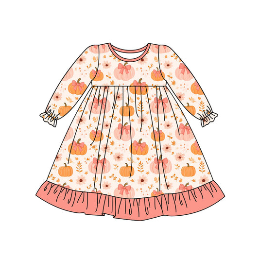 Preorder (moq 5)Baby Girls Pink Long Ruffle Sleeves Bows Pumpkins Knee Length Dresses