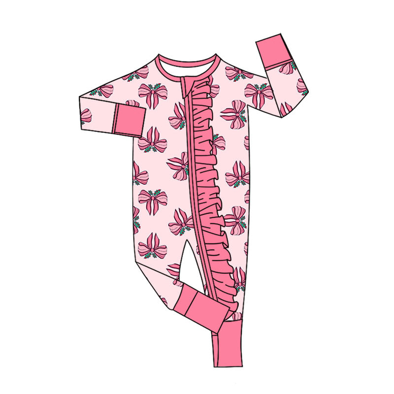 Preorder (moq 20)Baby Girls Bamboo Pink Holly Bows Christmas Ruffle Zippy Footie Rompers