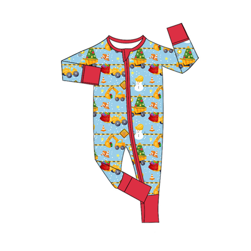 Preorder(moq 5)Baby Infant Boys Long Sleeves Christmas Trees Excavators Zipper Rompers